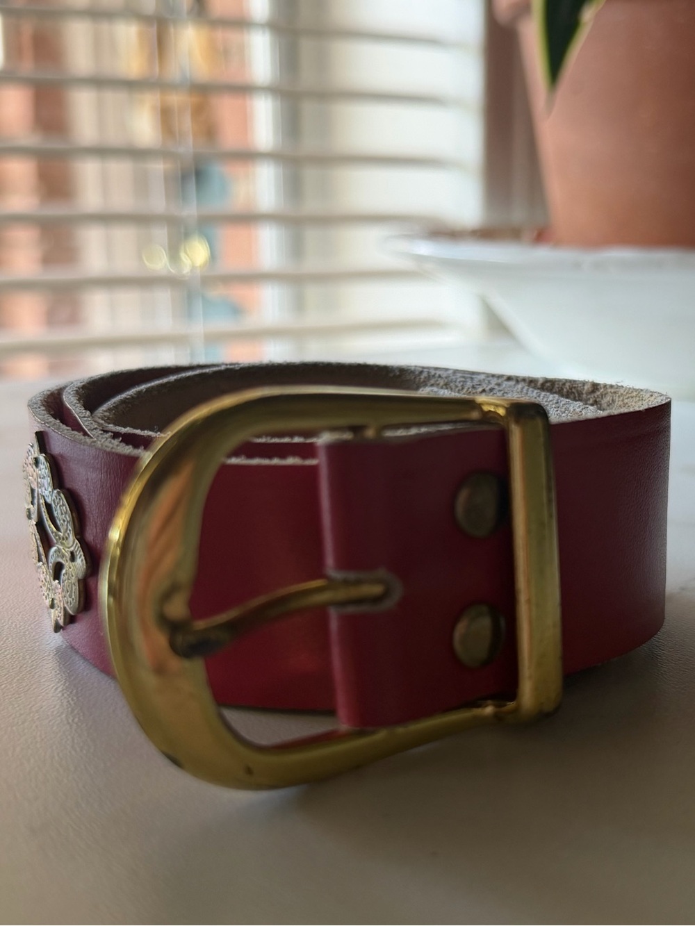 Leather Swiss Woman's Burgundy Belt with Gold Buckle & Gold Cows